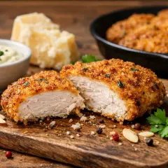 Panierowany kotlet z kurczaka przekrojony na pół, podany z sosem, serem i migdałami.