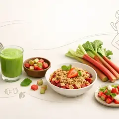 Zdrowe śniadanie z rabarbarem: smoothie, musli i deser z jogurtem. Idealne na początek dnia pełnego energii.