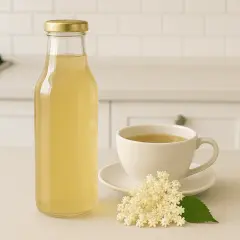 Syrop z kwiatów czarnego bzu przepis. Butelka z domowym syropem, filiżanka napoju i świeże kwiaty czarnego bzu na blacie kuchennym.
