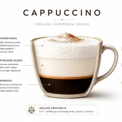 Kawa z kakao w filiżance, pokazująca idealne proporcje espresso, mleka i pianki. Idealna harmonia smaku.