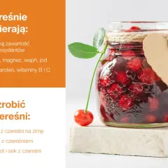 Słoik pełen przetworów z czereśni, ozdobiony sznurkiem i serduszkiem z papieru. Idealny na zimę!