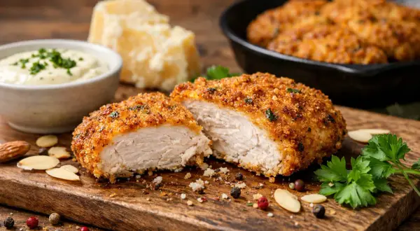 Panierowany kotlet z kurczaka przekrojony na pół, podany z sosem, serem i migdałami.