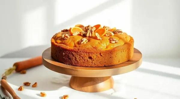 Pyszne ciasto bez glutenu, ozdobione pomarańczą i orzechami, prezentuje się apetycznie na drewnianym paterze.