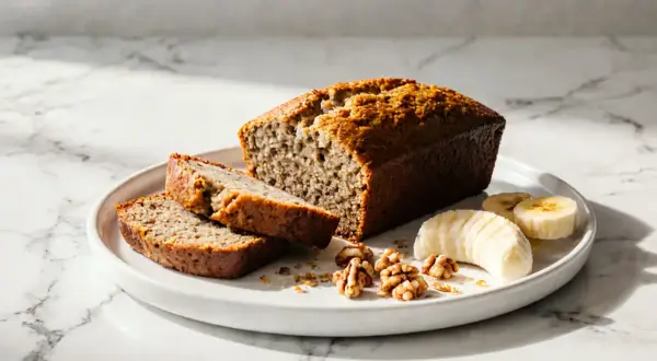 Chlebek bananowy z airfryera, pokrojony na kromki, z orzechami i plasterkami banana na talerzu.