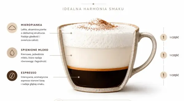 Kawa z kakao w filiżance, pokazująca idealne proporcje espresso, mleka i pianki. Idealna harmonia smaku.