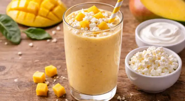 Orzeźwiający koktajl z mango, udekorowany kostkami owocu i serem. Obok miseczki z jogurtem i twarożkiem, a także połówka mango.
