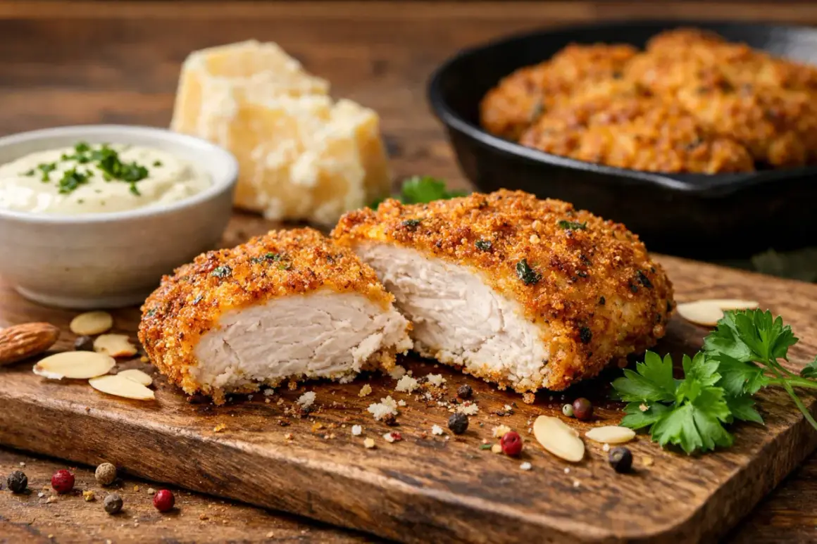 Panierowany kotlet z kurczaka przekrojony na pół, podany z sosem, serem i migdałami.