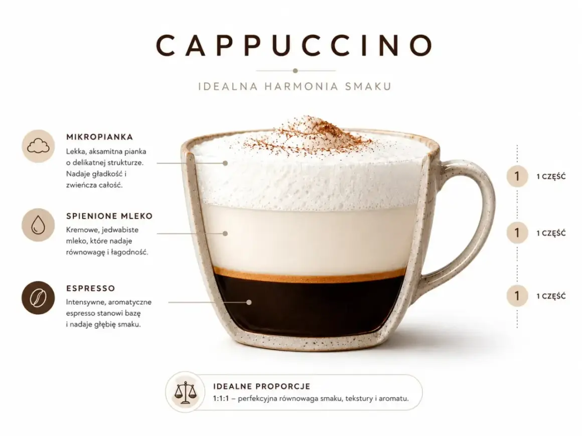 Kawa z kakao w filiżance, pokazująca idealne proporcje espresso, mleka i pianki. Idealna harmonia smaku.
