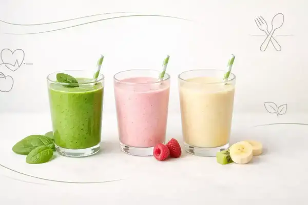 Trzy pyszne smoothie: zielone, różowe i żółte. Idealne na zdrowy początek dnia, pokazujące, jak zrobić smoothie.