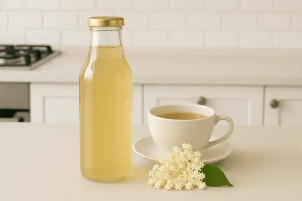 Syrop z kwiatów czarnego bzu przepis. Butelka z domowym syropem, filiżanka napoju i świeże kwiaty czarnego bzu na blacie kuchennym.