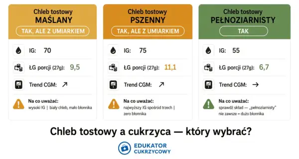 Chleb tostowy pełnoziarnisty ma najniższy IG (55) i najwięcej błonnika, co czyni go dobrym wyborem.