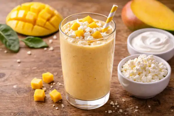 Orzeźwiający koktajl z mango, udekorowany kostkami owocu i serem. Obok miseczki z jogurtem i twarożkiem, a także połówka mango.